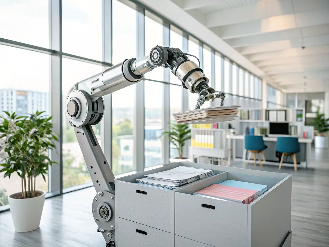 A digital illustration depicting a robot arm automating a series of office tasks, such as data entry, report generation, and invoice processing, in a modern office environment.